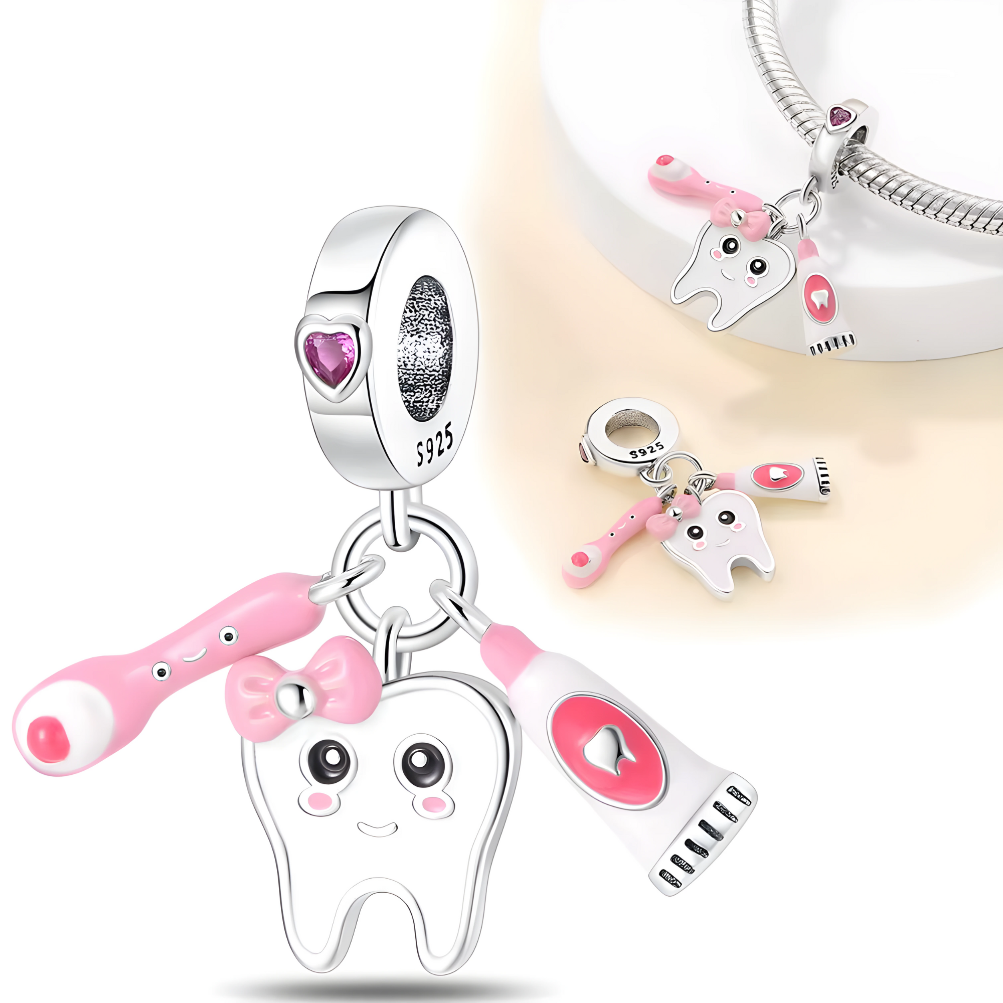 Toothbrush Charm - Sterling Silver & Pink Enamel Toothbrush Charm